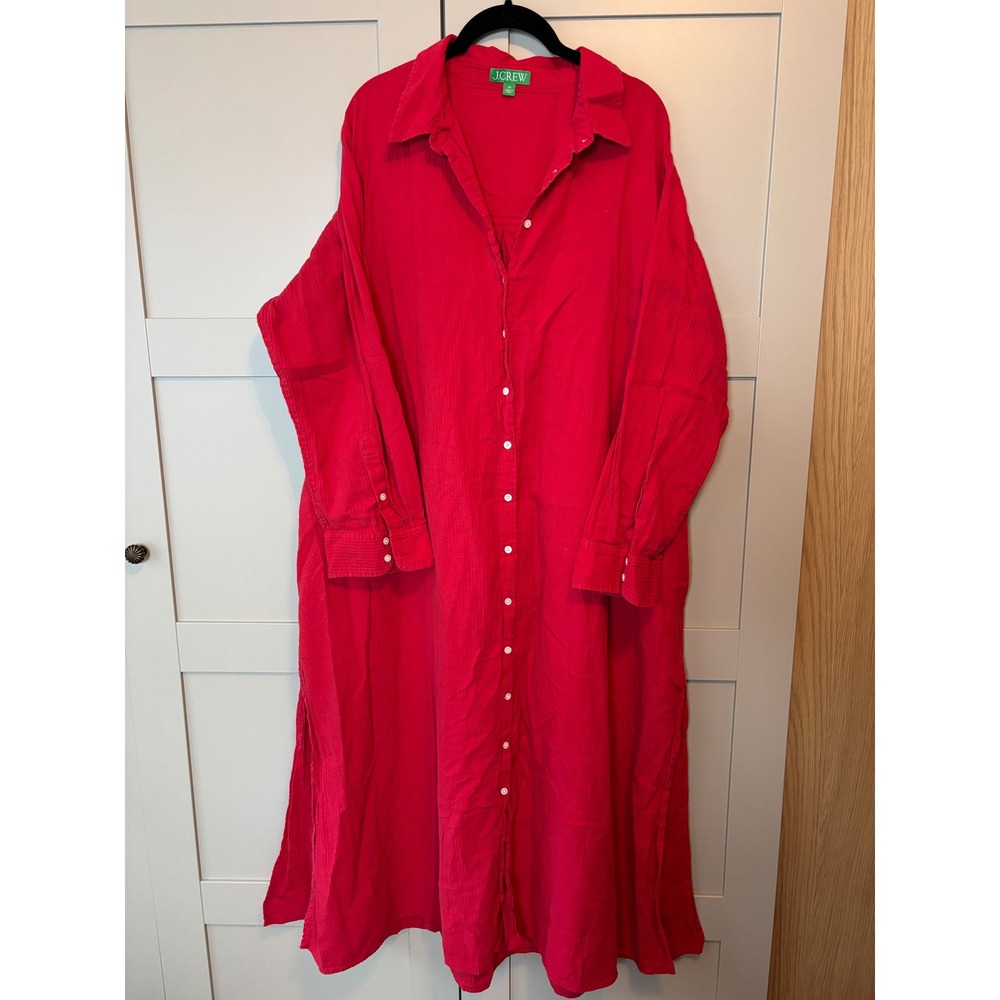 J.Crew Red Double Gauze Cotton Maxi Shirt Dress Plus Size 2X Beach Gauzy Boho